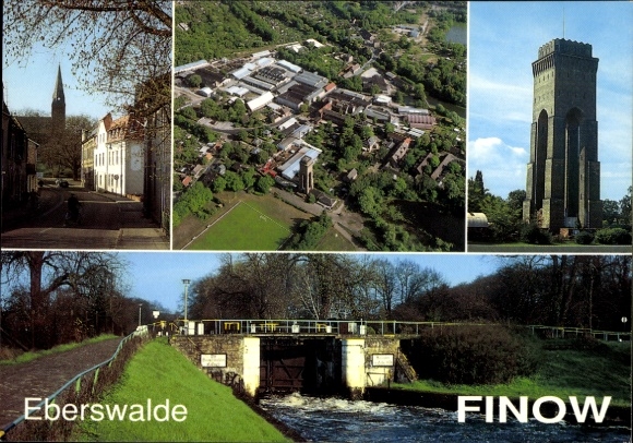 Ak Finow Eberswalde in der Mark, Brckenstraße, Kirche, Wasserturm, Heegermühler Schleuse