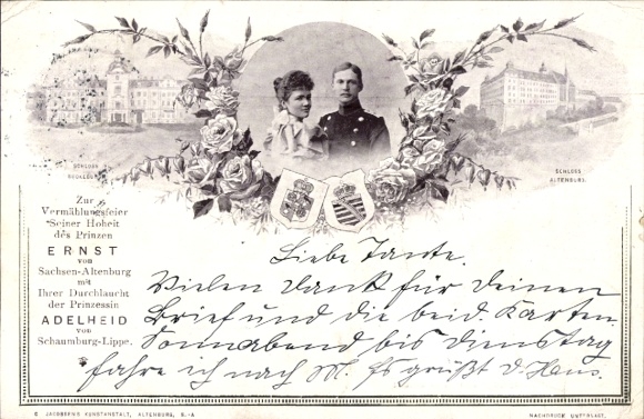 Coat of arms Postcard Ernst of Saxony Altenburg, Adelheid of Schaumburg Lippe, wedding