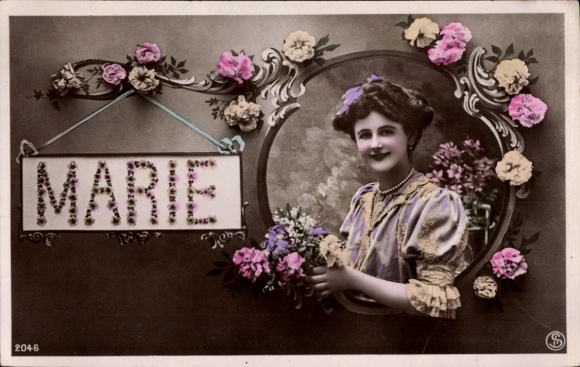 Letters Postcard Marie, Woman, Portrait, Flowers