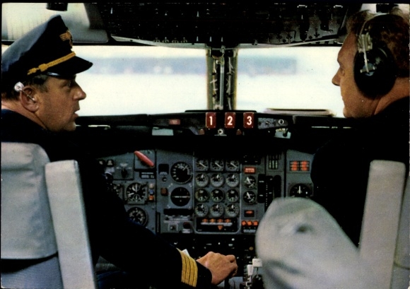 Postcard pilot and copilot in the cockpit, Lufthansa, Europa Jet, passenger aircraft
