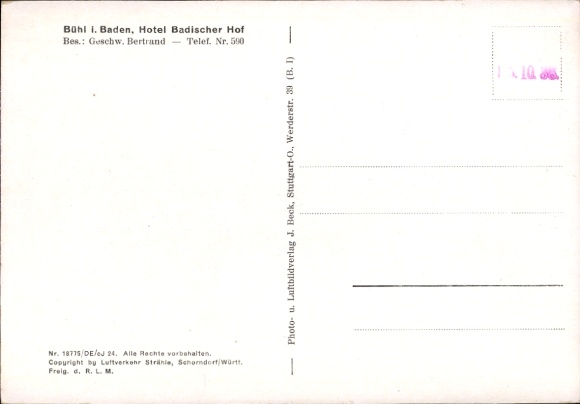 Postcard Bühl in Baden Black Forest, aerial photograph, Hotel Badischer Hof