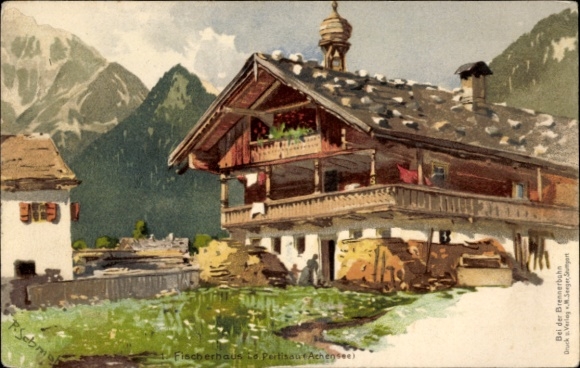 Artist Chromo-Litho Schmohl, P., Pertisau Eben Achensee Tirol, Fisherman's House