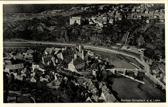 Postcard Runkel an der Lahn, aerial photograph, Runkel-Schadeck, Lahn, bridge, buildings
