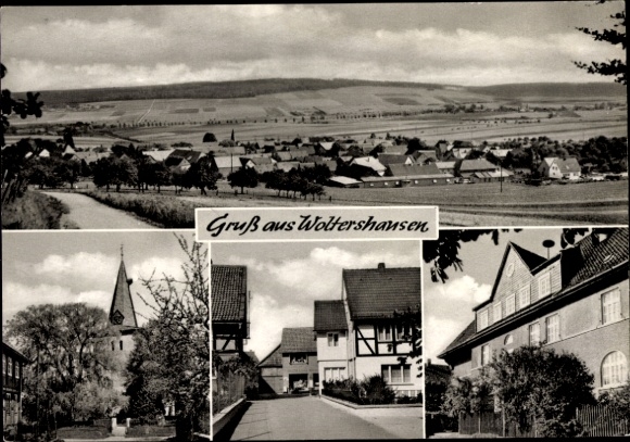 Postcard Woltershausen Lamspringe in Lower Saxony, panorama, partial views, church, half-timbered house
