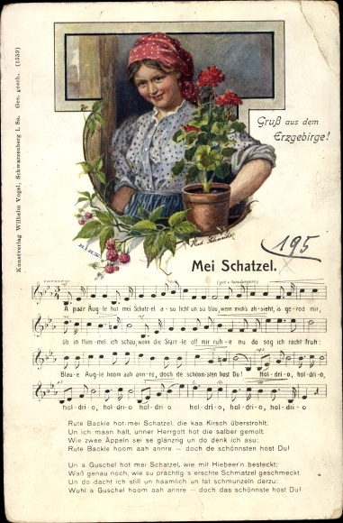 Song Postcard Vogel, Wilhelm, Mei Schatzel, flower pot, greetings from the Ore Mountains, costume