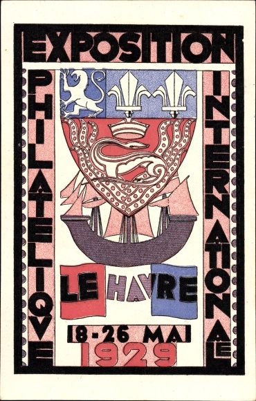 Coat of arms Postcard Le Havre Seine Maritime, International Philatelic Exhibition 1929
