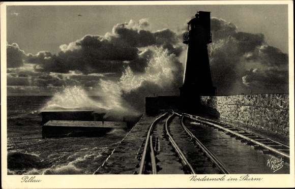 Postcard Baltijsk Pillau East Prussia, Nordermole in the storm, lighthouse