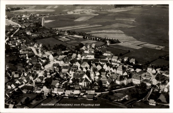 Postcard Monheim in Swabia, aerial view of Monheim, Swabia, buildings, fields