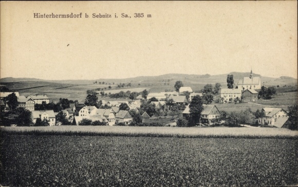 Ak Hinterhermsdorf Sebnitz Sächsische Schweiz, Dorfansicht mit Kirche, Gebäude, Landschaft, Hügel