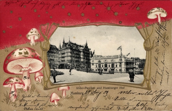 KP z wytłoczonym passepartout Hamburg, Alsterpavillon i Hamburger Hof, muchomory