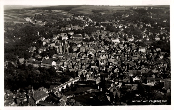 Postcard Wetzlar on the Lahn, aerial view of the city, many houses, bridge