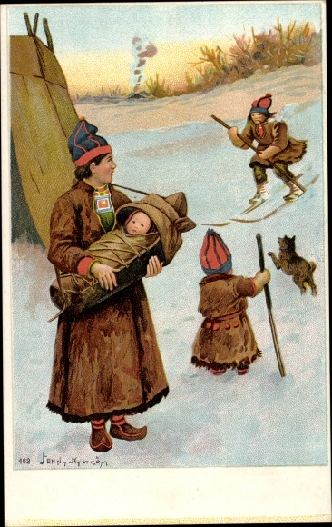 Artist PC Nyström, J., family portrait, costumes, skiing, baby, dog