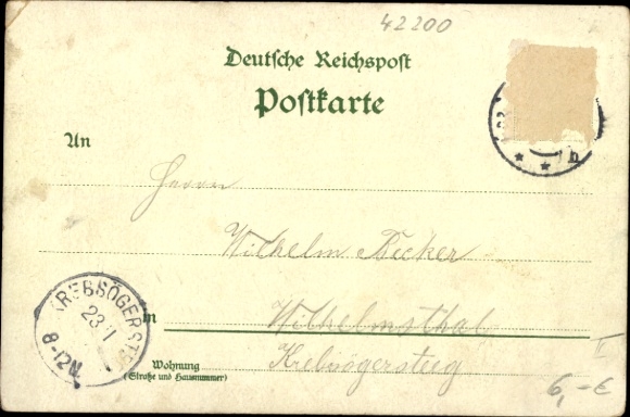Chromo-Litho Barmen Wuppertal, train station, post office, evangelical clubhouse, Horn