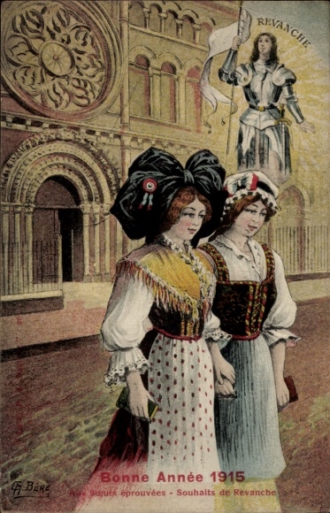 Artist Postcard Happy New Year 1915, Alsatian and Lorraine woman in traditional costumes