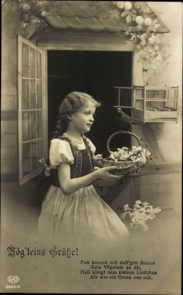 6 old Postcard series young girl with flower basket and bird &quot;Vög&#39;leins Greetings!&quot;