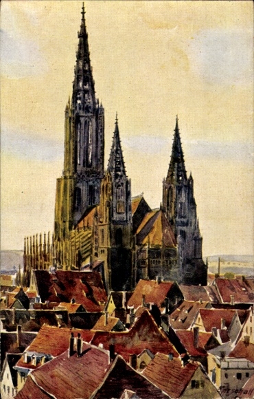 Artist Postcard Marschall, J., Ulm on the Danube, View of the Minster