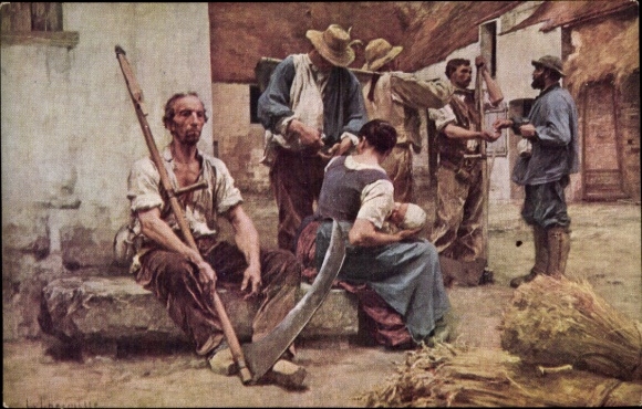Artist Postcard Lhermitte, L., farmers, scythe, breastfeeding woman, bundle of grain, reaper
