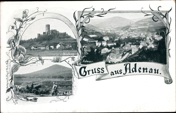 Postcard Adenau in the Eifel, view of the town, Hohe Acht, Nürburg
