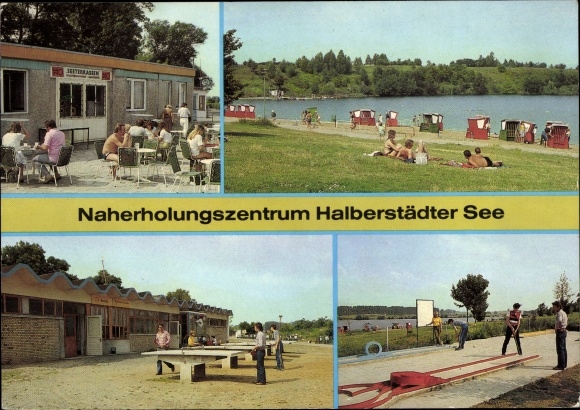 Postcard Halberstadt am Harz, recreation center Halberstädter See, guests, table tennis, miniature golf