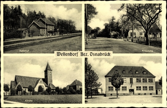 Ak Wellendorf Hilter am Teutoburger Wald, Kreuzung, Bahnhof Gleisseite, Kirche, Schule