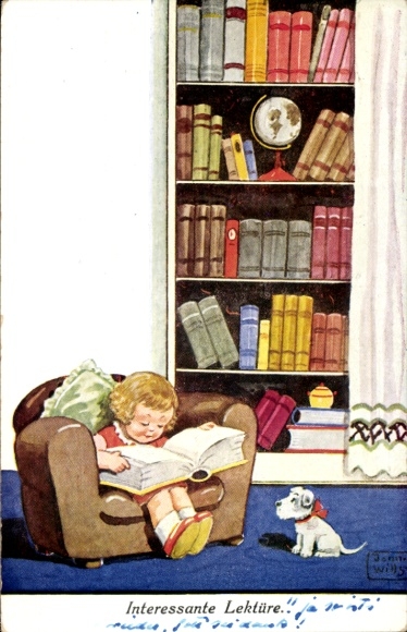 Artist Postcard Wills, John, Girl in armchair, thick book, dog