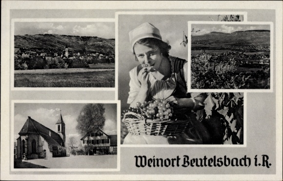 Postcard Beutelsbach, total view of the place, church, woman with grapes