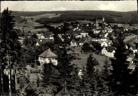 Ak Bischofsgrün im Fichtelgebirge, Gesamtansicht, Blick vom Hügelfelsen