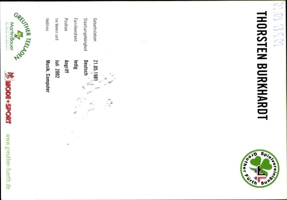 Autograph card footballer Thorsten Burkhardt, SpVgg Greuther Fürth, autograph