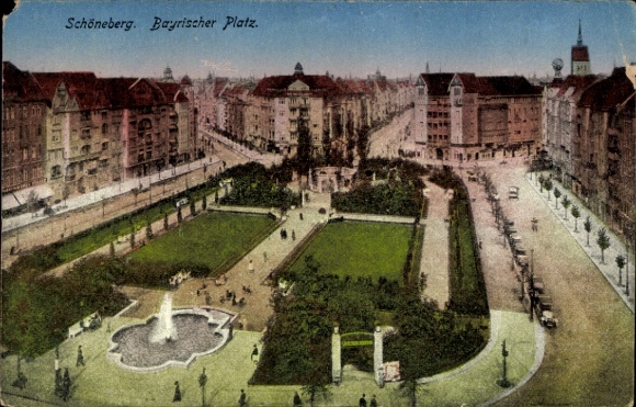 Postcard Berlin Schöneberg, Bayrischer Platz, city view, park, fountain