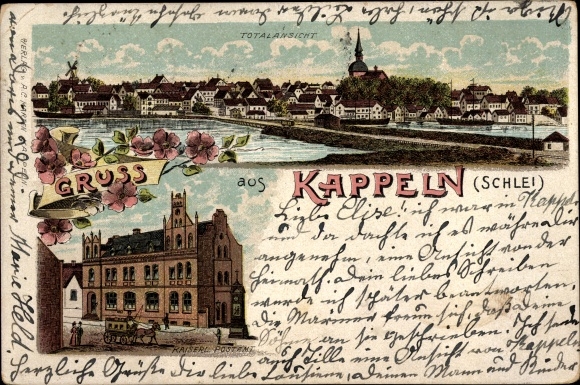 Litho Kappeln an der Schlei, Totalansicht, Kaiserl. Postamt