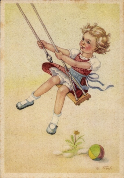 Artist Postcard Troch, Girl on a swing, ball