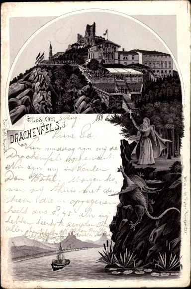 Litho Königswinter, Drachen und Märchenfiguren nahe des Drachenfelsens, Burg