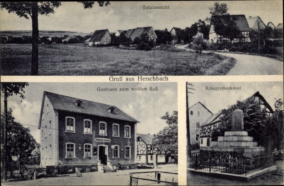 Ansichtkaart Herschbach im Westerwald, Gasthaus zum Weißen Ross, oorlogsmonument, totaaloverzicht