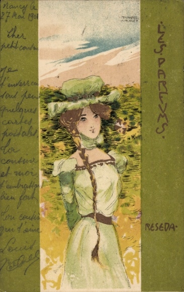Kunstenaar litho Kirchner, R., Les Parfums, Reseda, portret van een vrouw, hoed, jurk, vlecht