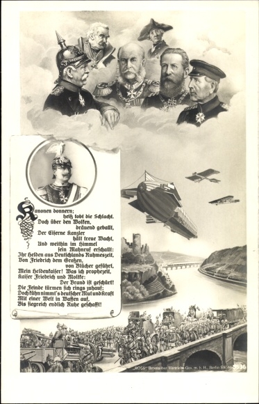Postcard Kaiser Wilhelm II, Bismarck, Frederick the Great, Blücher, Kaiser Friedrich, Moltke, airship