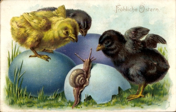 Ak Glückwunsch Ostern, Küken, Ostereier, Schnecke