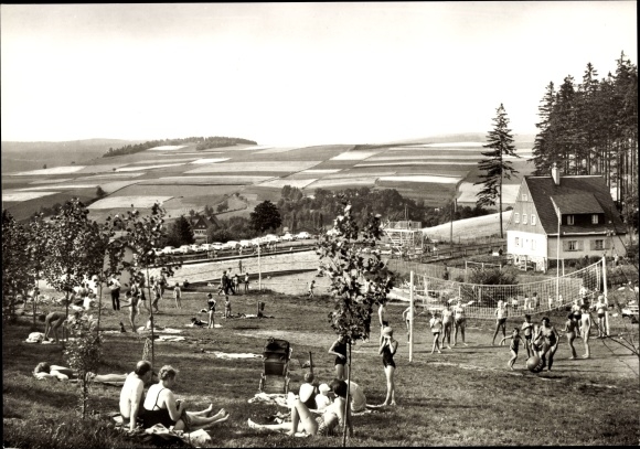 Postcard Raschau in the Ore Mountains, summer pool, bathers, lawn