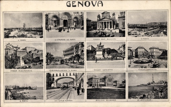 Ak Genova Genua Liguria, Hafen, Tor, Bahnhof