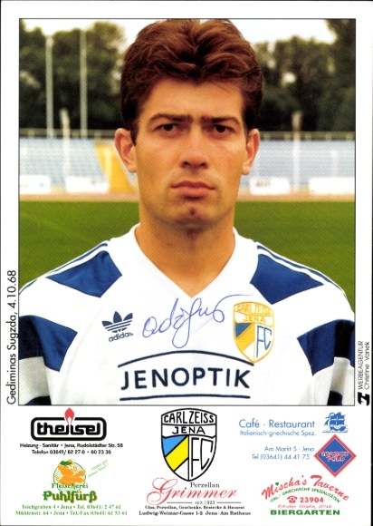 Handtekeningkaart voetballer Gediminas Sugzda, FC Carl Zeiss Jena, handtekening