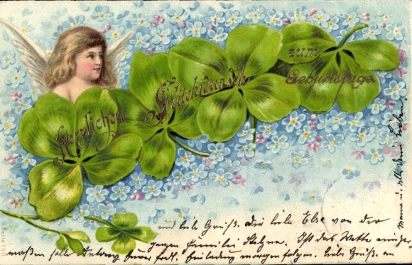 Postcard Happy Birthday, Clover, Angel