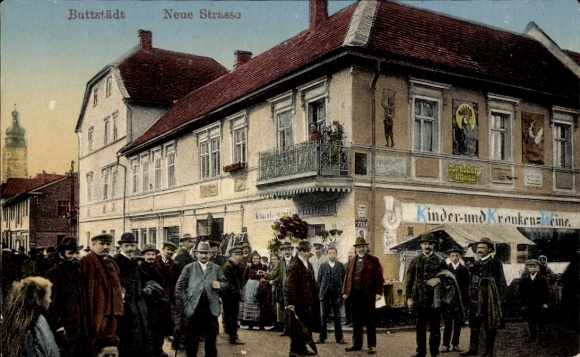 Postcard Buttstädt in Thuringia, historical building, crowd, labeling, colored illustration