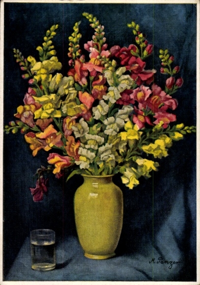 Artist Postcard M. Panzer, snapdragon, flower vase