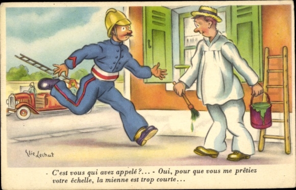 Artist Postcard Lechat, Elie, painter with too short ladder calls the fire brigade