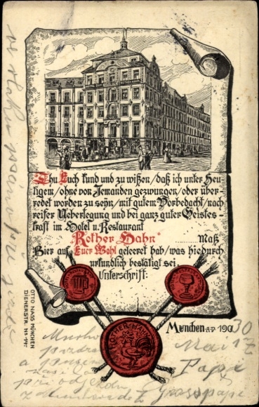 Ak München, Restaurant Rother Hahn, Certificaat