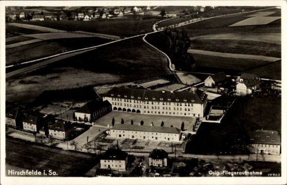 Postcard Hirschfelde Saxony, aerial photograph, building with courtyard
