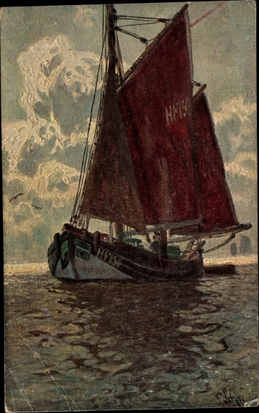 Artist Postcard Schreckhaase, Paul, fishing cutter, sailing boat on the sea