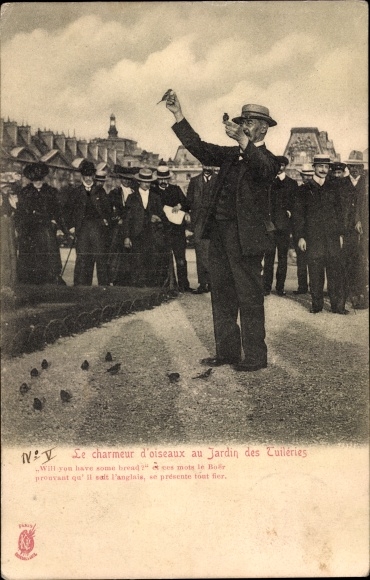 Postcard Paris, The Bird Charmer at the Jardin des Tuileries