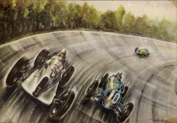 Artist Postcard Olyslager, P., Zes Jaar Grand Prix, Brooklands, Race 1936