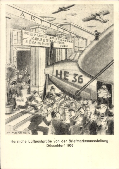 Kunstenaar Ak Peters, P., Düsseldorf am Rhein, postzegeltentoonstelling 1936, luchtpost, HE 36
