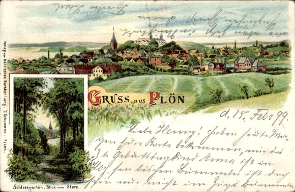 Chromo-Litho Plön am See Holstein, Panorama, Castle Garden, Star